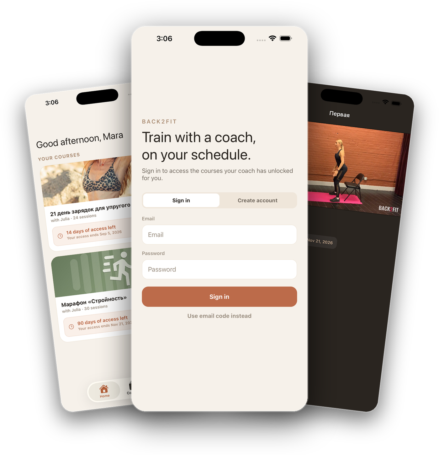 Three Back2Fit screens: signing in, your courses, and a workout playing