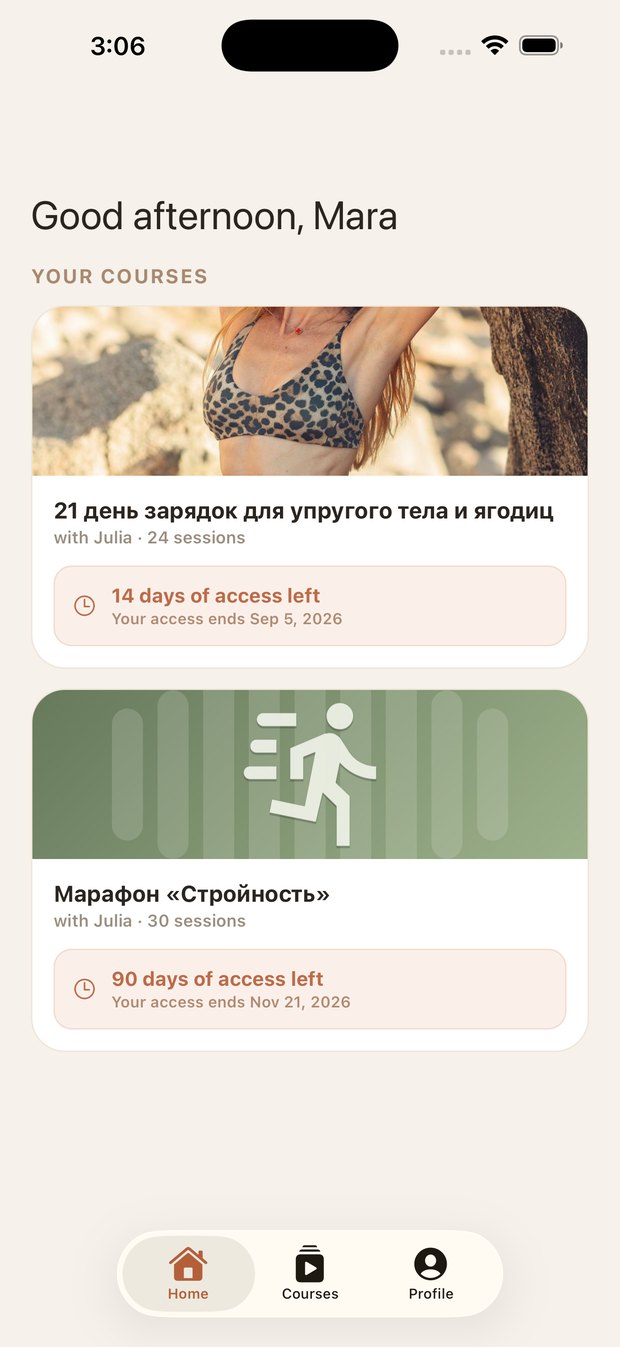 The Back2Fit home screen listing a member's active courses